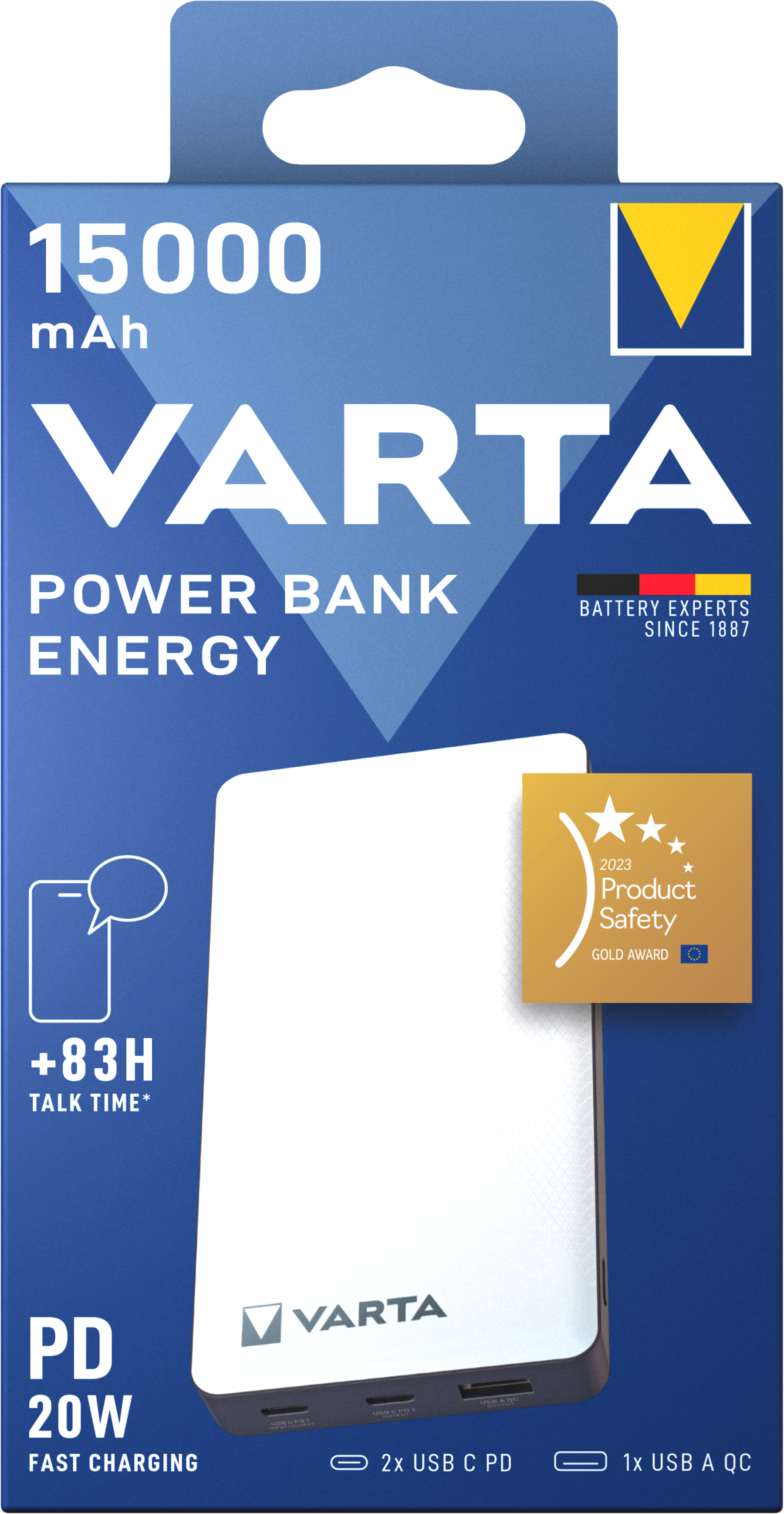 VARTA 15000mAh Energy Power Bank with 3 USB Ports, up to 20W PD & QC, USB-C Cable Included